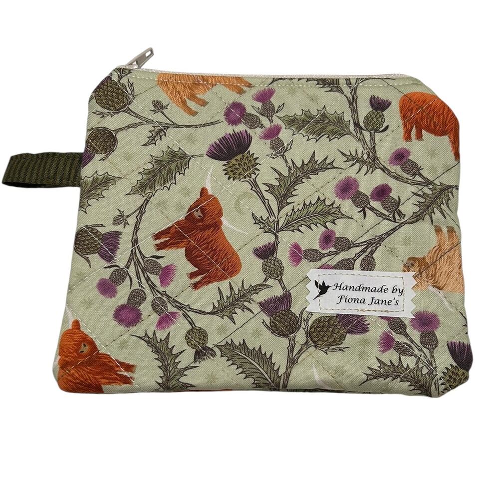 NEW Handmade Wrist Top Zip Pouch Wallet Green Brown Orange Highland Cow 5 1/4x6